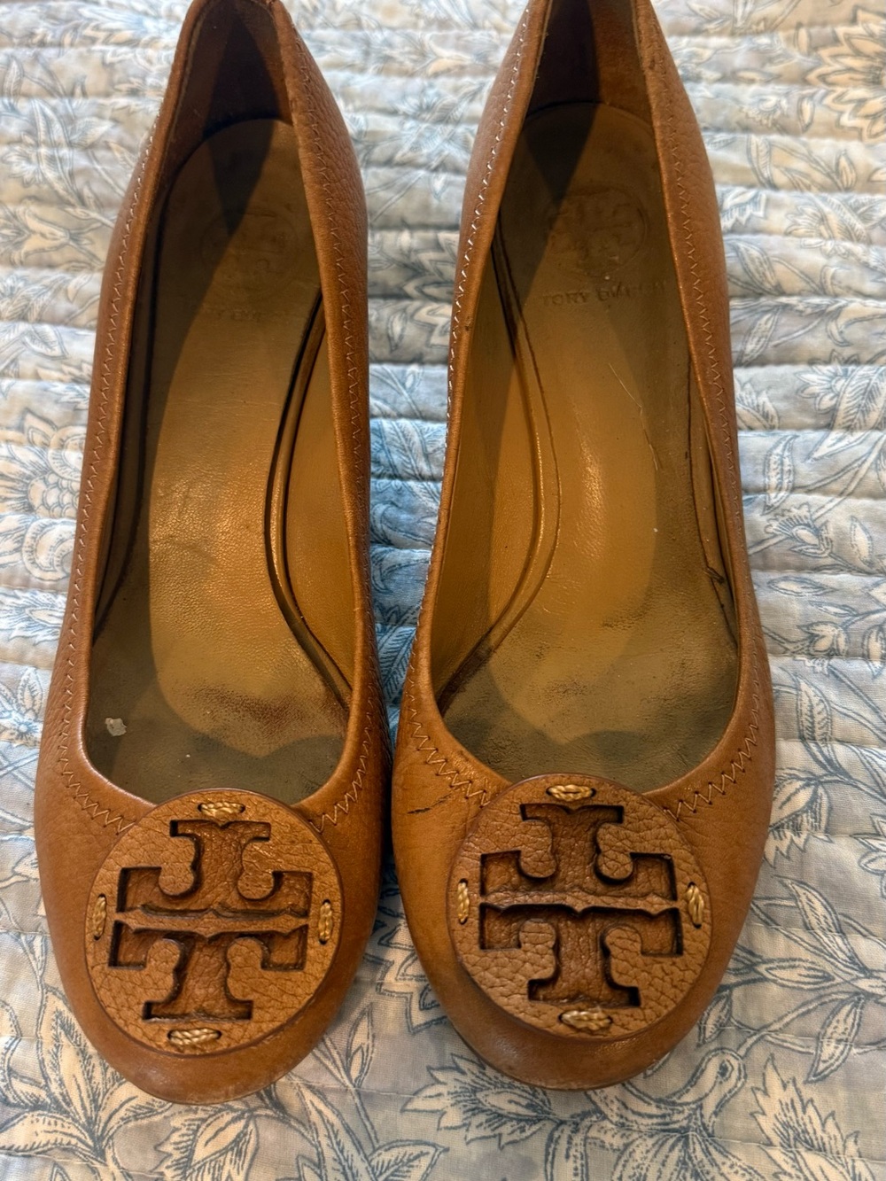 Tory Burch Cognac Leather Logo Ballet Flats